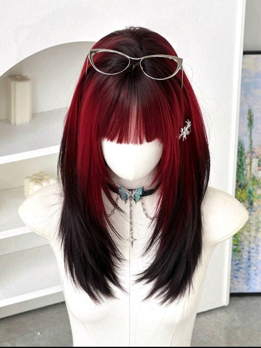 Red and Black Layered Wig with Blunt Bangs